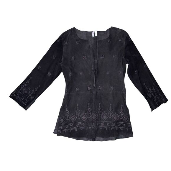 Joie Italian leather  brown blouse sz xs Plunge Western Cowgirl Long Sleeve - Picture 1 of 6